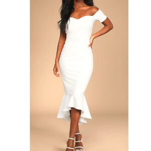 LULU'S SZ M White How Much I Care Ivory Off-the-Shoulder Midi Dress NEW B79